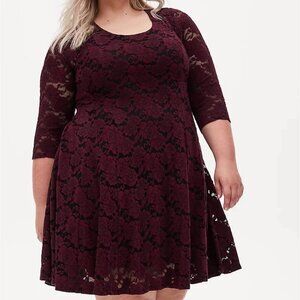 Torrid Plus sized mini lace fluted dress in burgandy and black